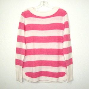 LOFT Pink and White Striped Crew Neck Sweater